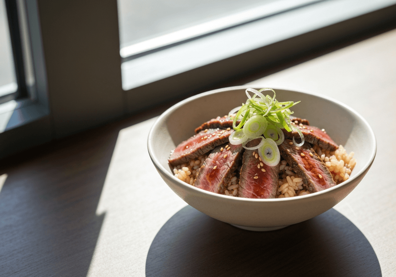 Finished Gyudon (Japanese Beef Rice Bowl) plated for serving