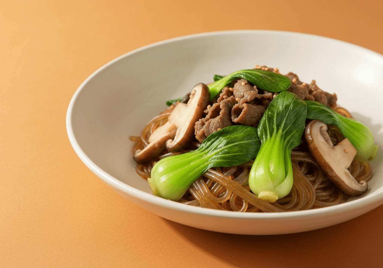 Finished Japchae (Korean Glass Noodle Stir-Fry) plated for serving