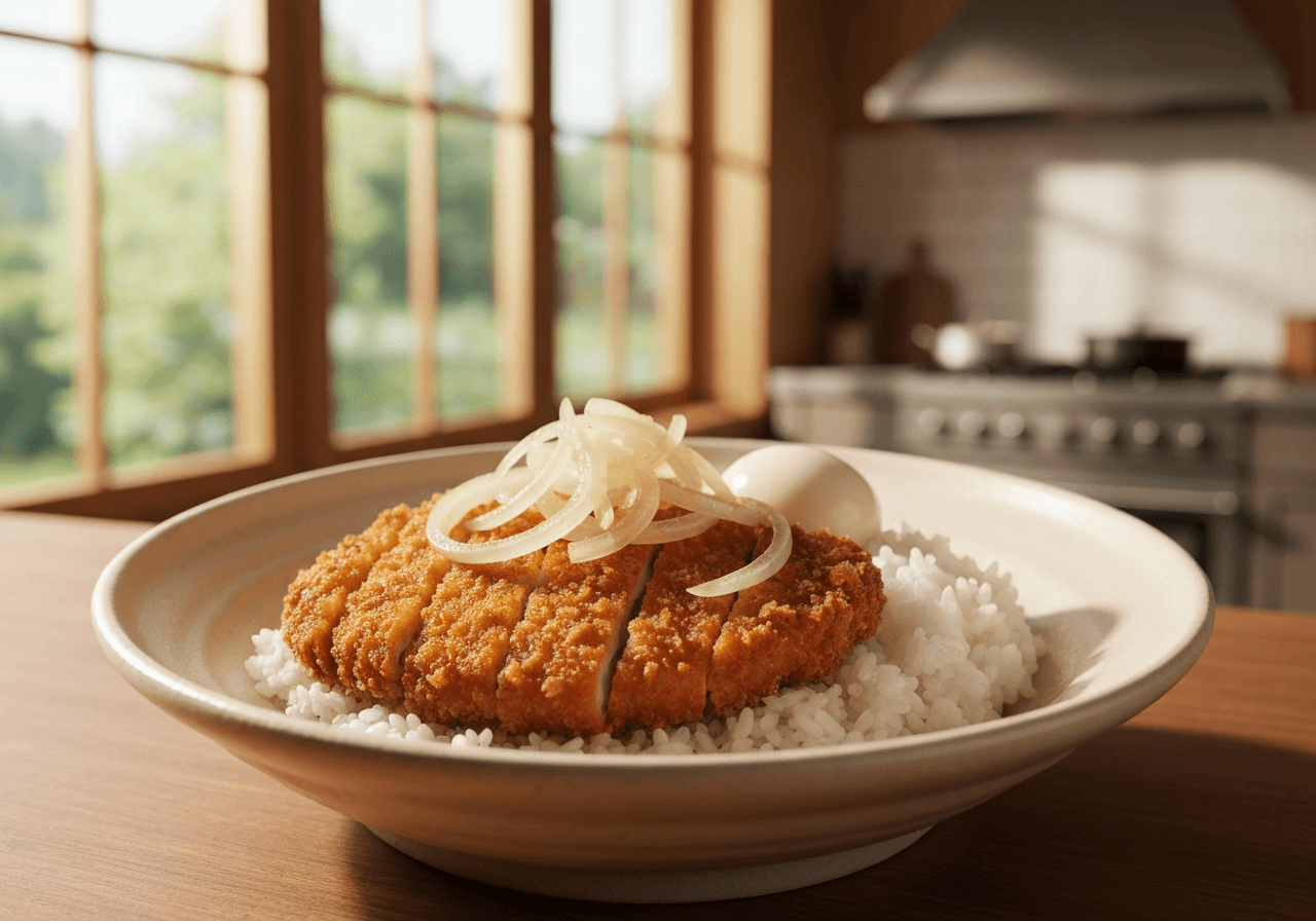 Finished Katsudon (Pork Cutlet Rice Bowl) plated for serving