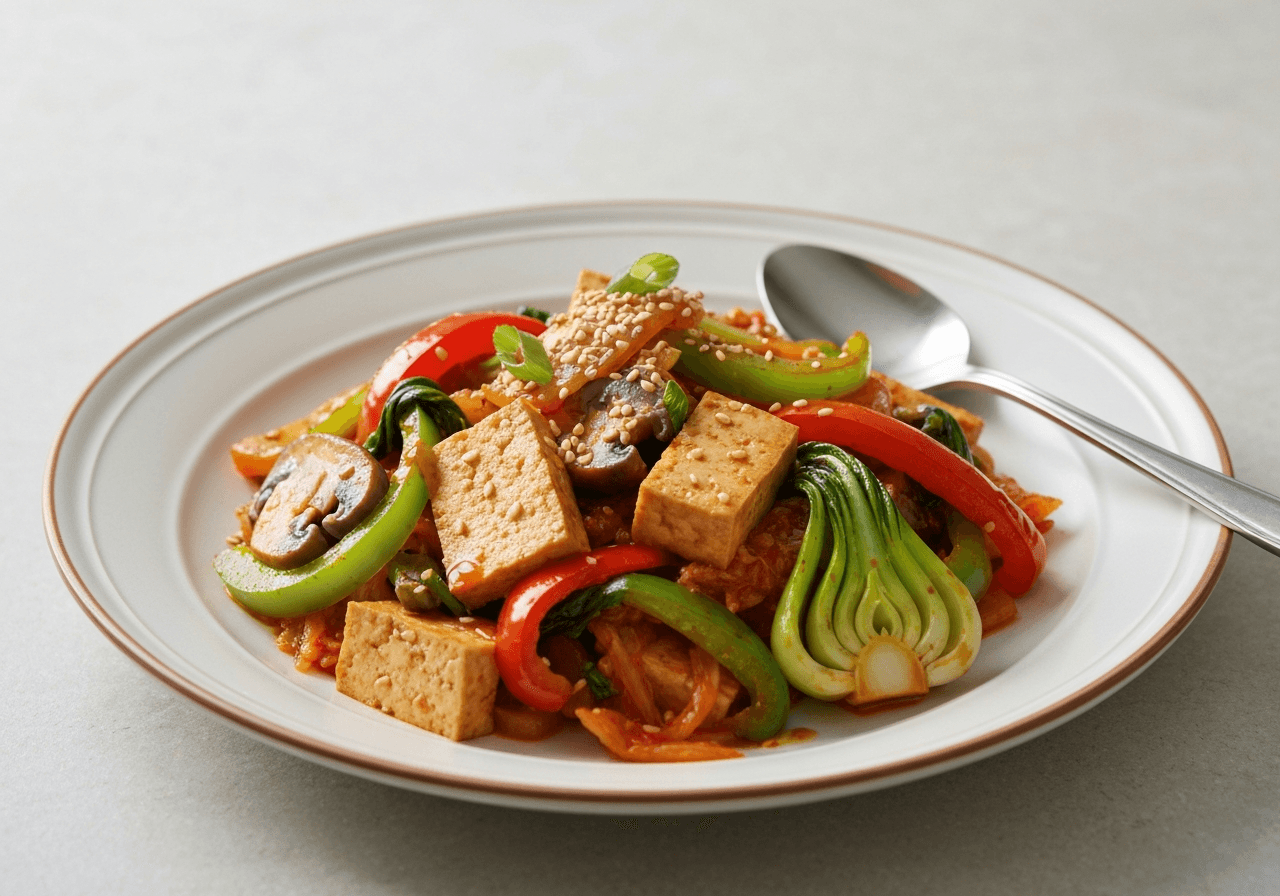 Finished Kimchi Stir-Fry with Tofu and Veggies plated for serving