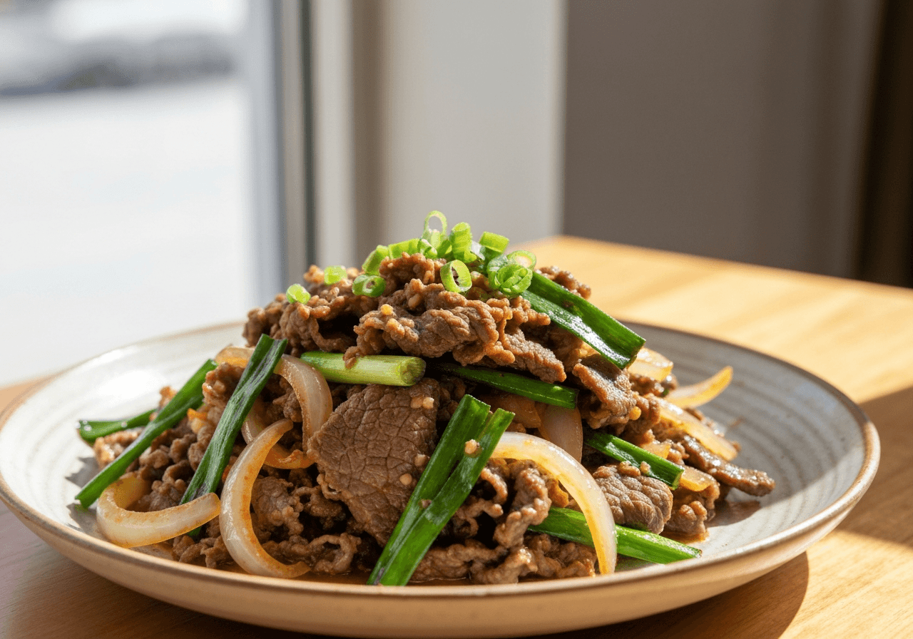 Finished Korean Bulgogi Beef Stir Fry plated for serving