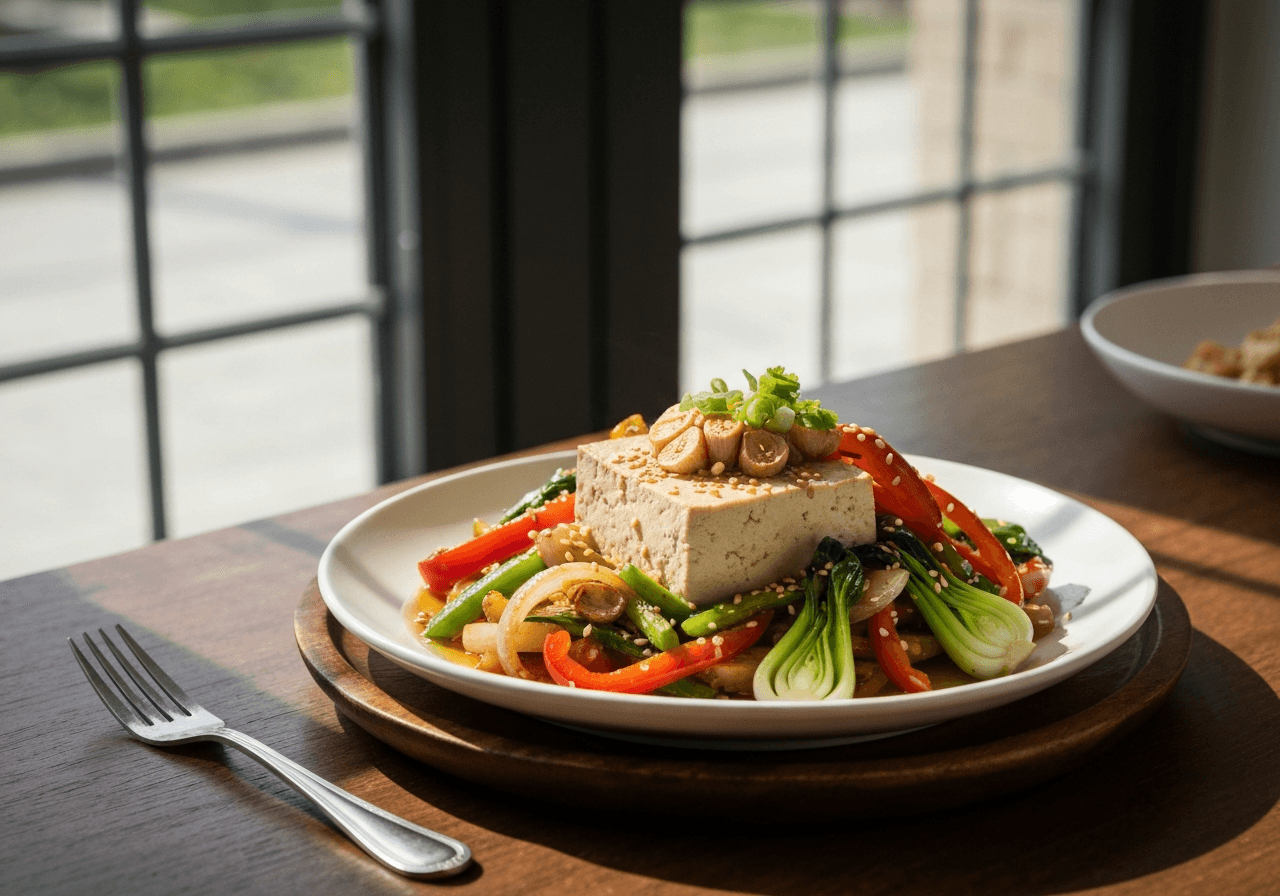 Finished Korean Tofu Vegetable Stir Fry plated for serving