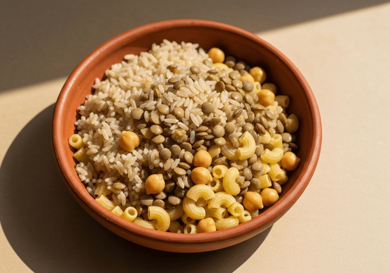 Finished Koshari (Egyptian Lentil, Rice, and Chickpea Bowl) plated for serving