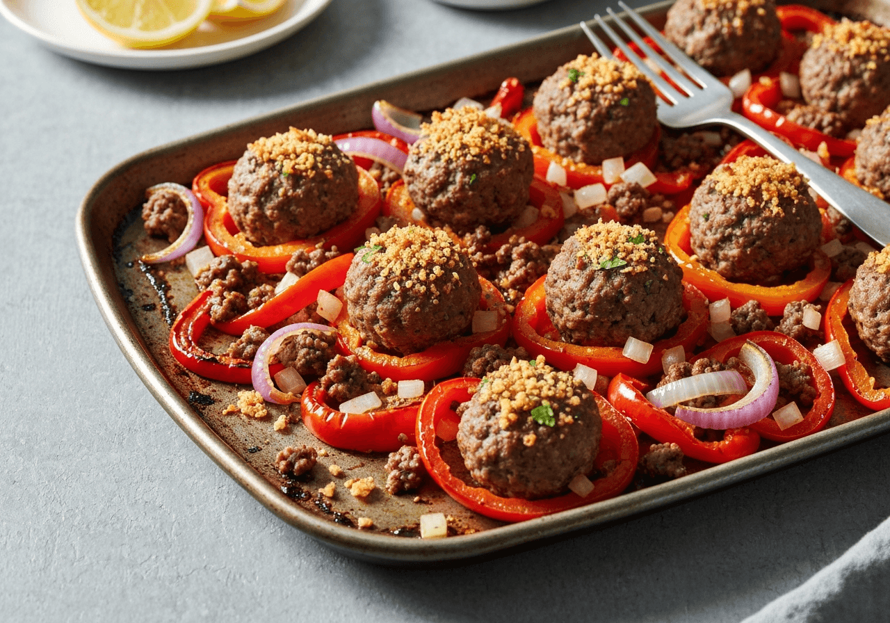 Finished Lamb Kofta Meatball Sheet Pan with Roasted Peppers plated for serving