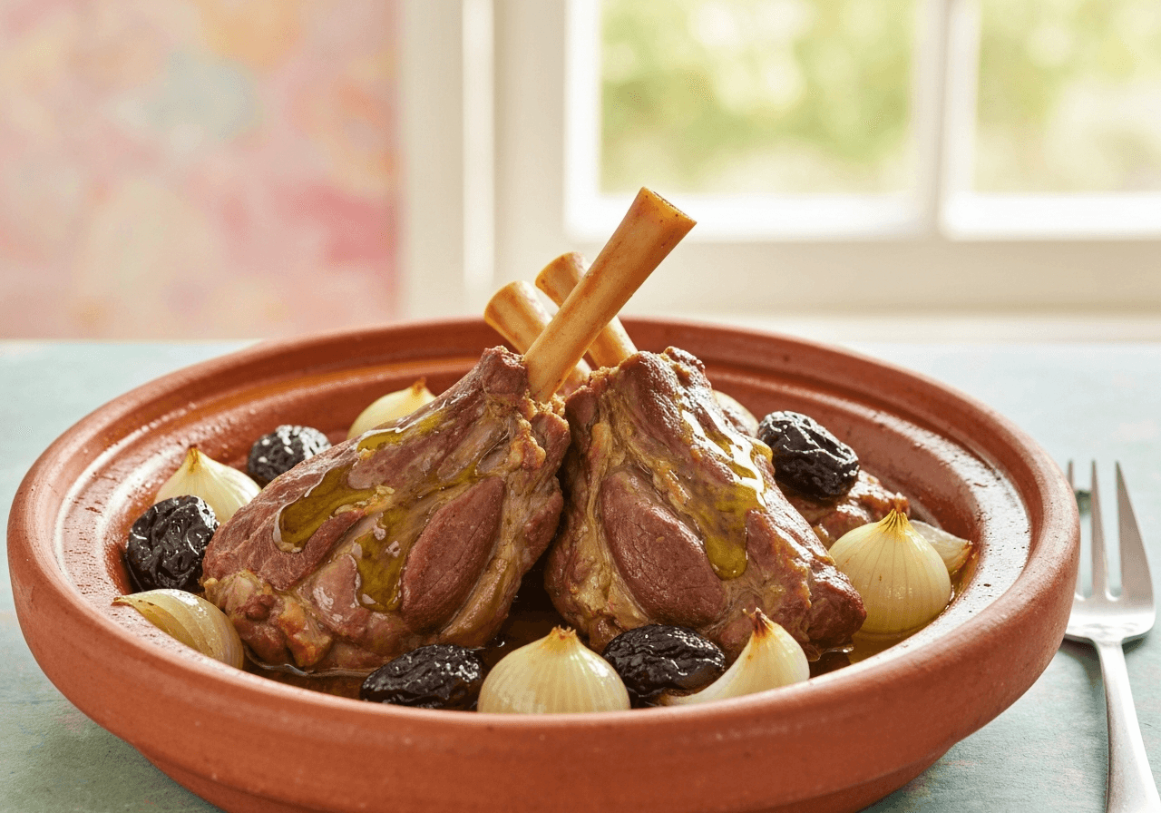 Finished Lamb Tagine with Caramelized Prunes plated for serving