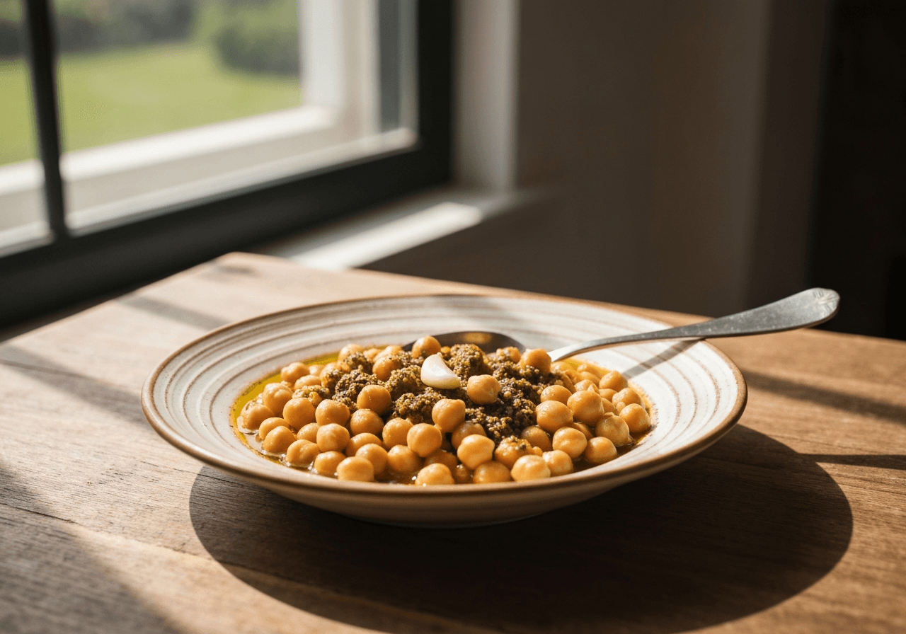 Finished Lebanese Chickpea Stew with Za'atar plated for serving