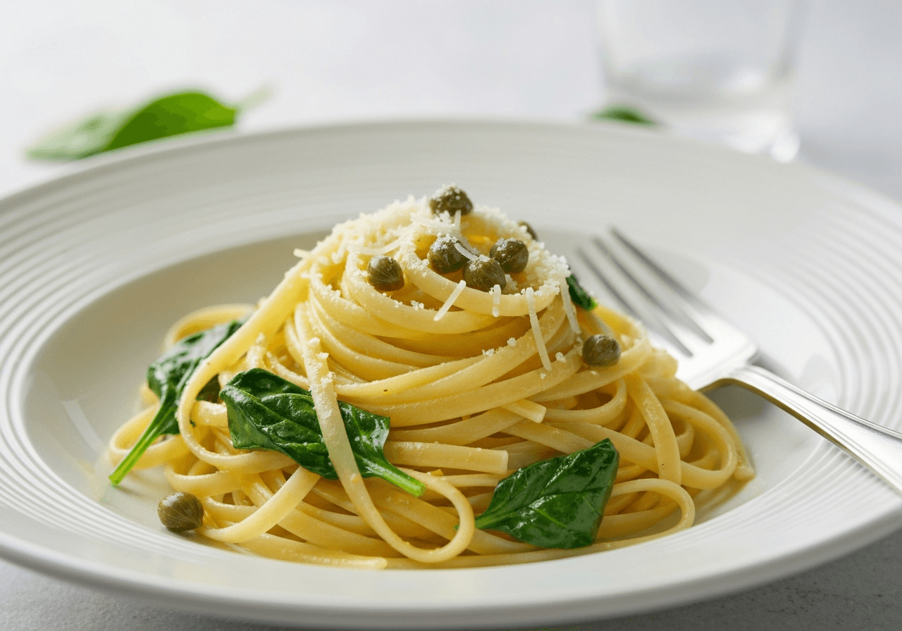 Finished Lemon Caper Pasta with Wilted Spinach plated for serving
