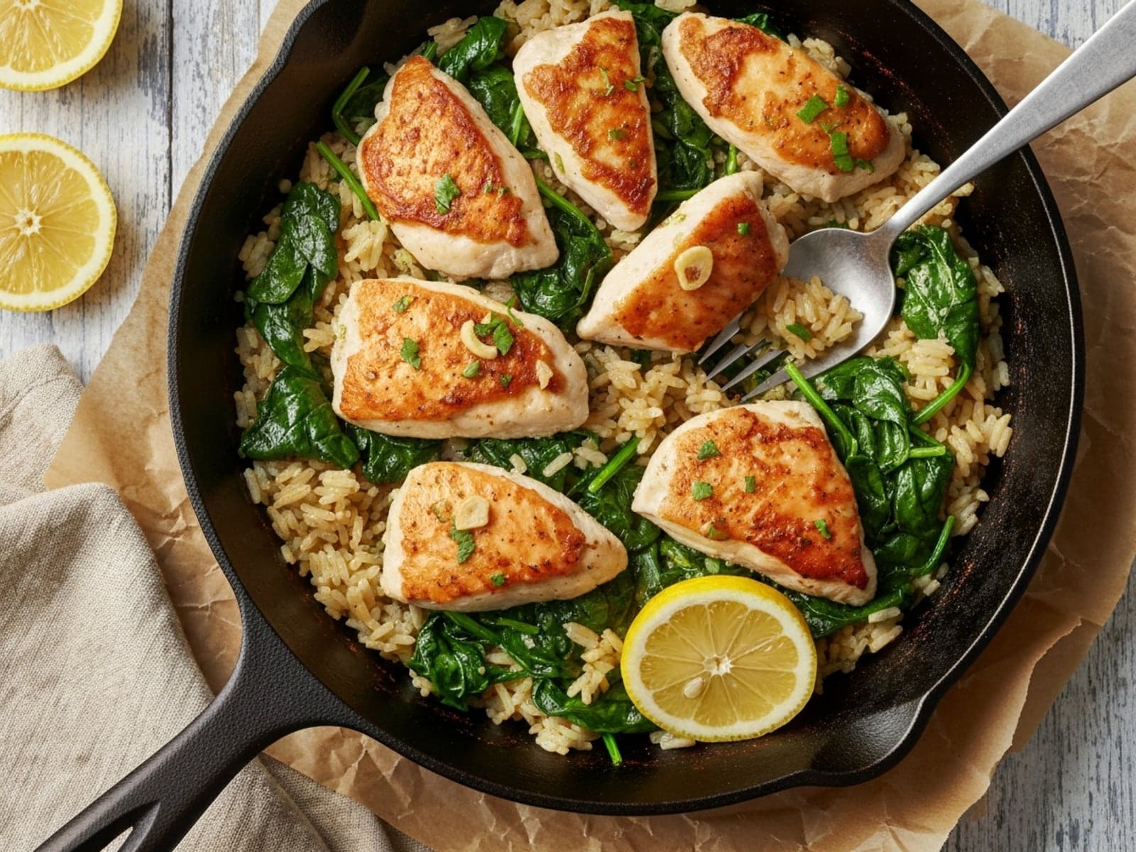 Finished Lemon Garlic Chicken Rice Skillet plated for serving