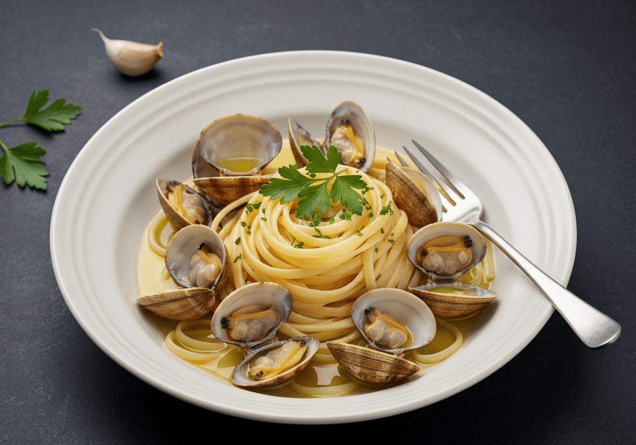 Finished Linguini with Clams plated for serving