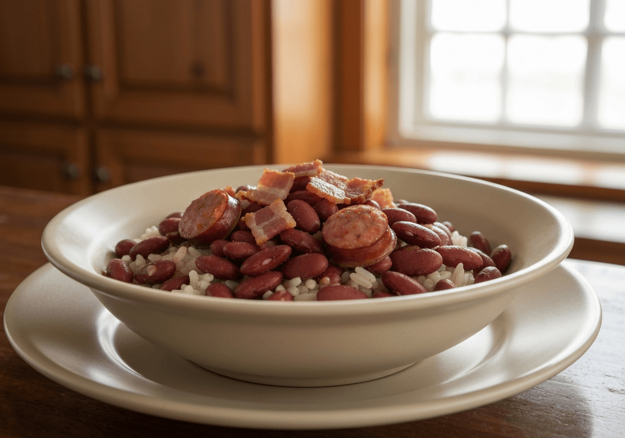 Finished Louisiana Red Beans and Rice plated for serving