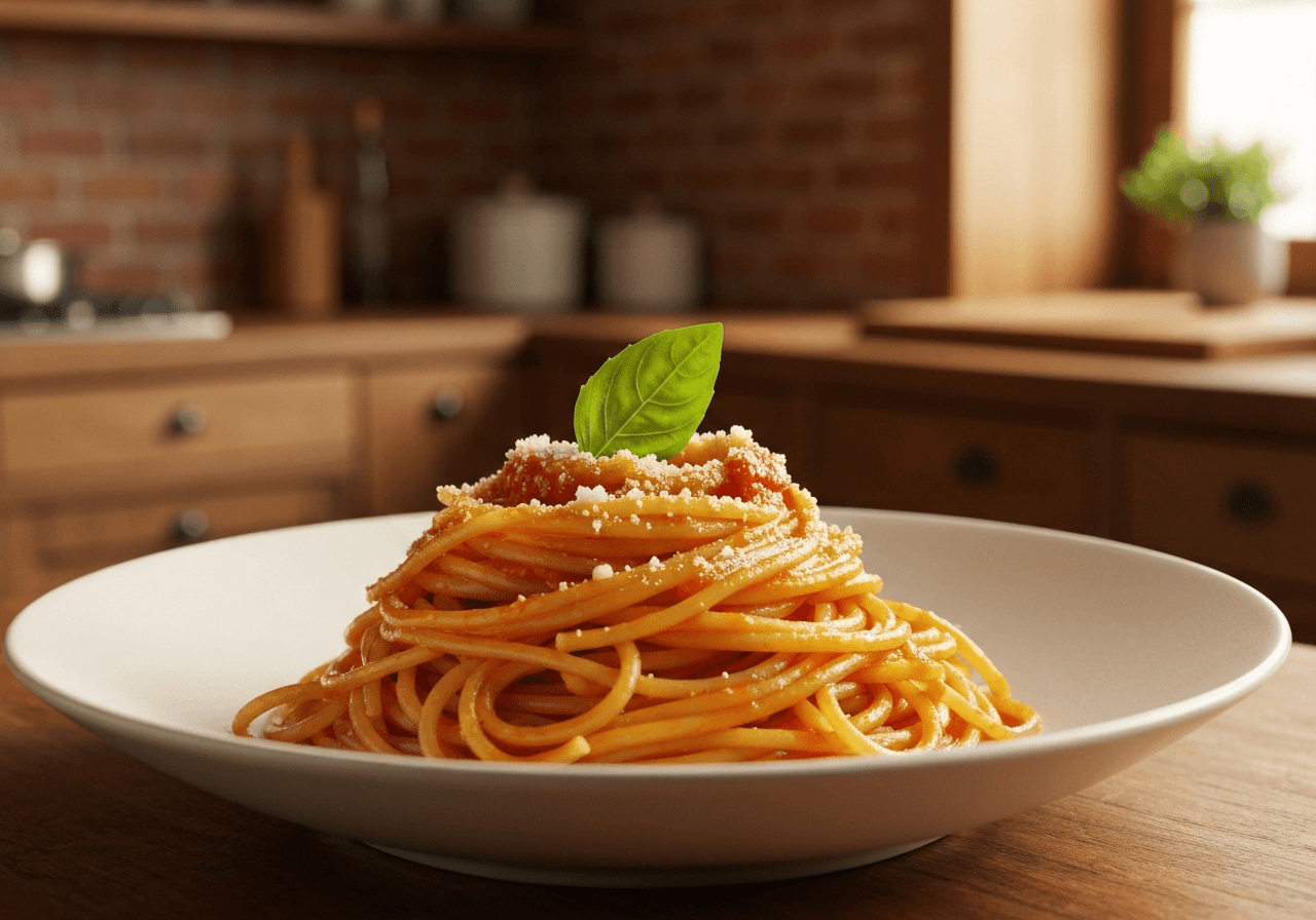 Finished Marcella Hazan's Tomato Butter Sauce Pasta plated for serving