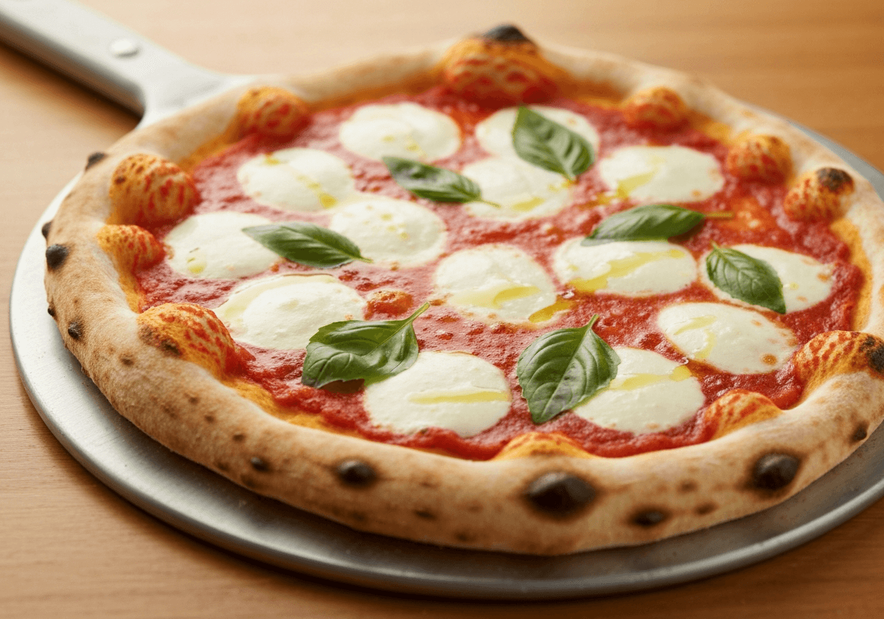 Finished Margherita Pizza plated for serving