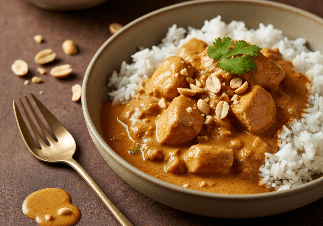 Finished Massaman Curry with Chicken plated for serving