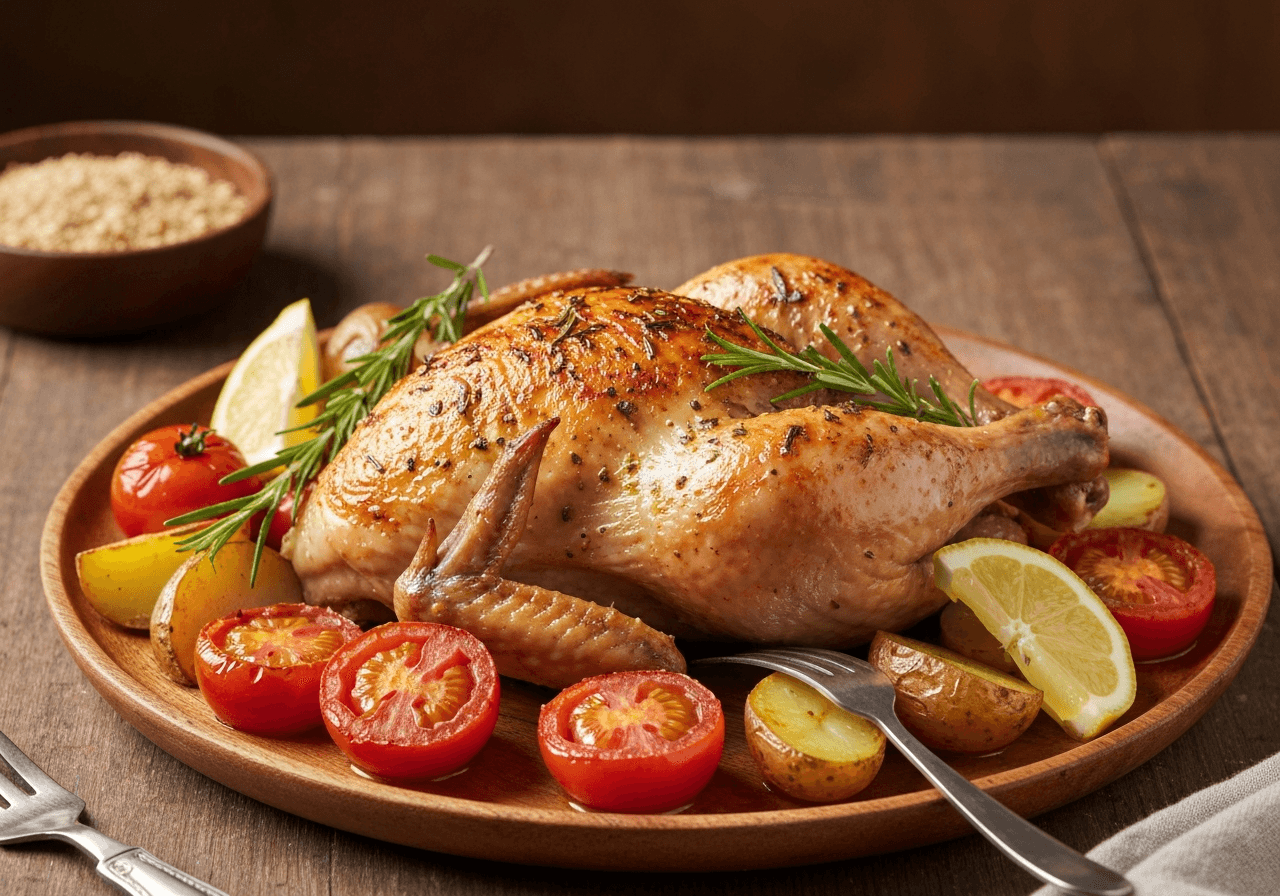 Finished Mediterranean Baked Chicken with Potatoes and Tomatoes plated for serving