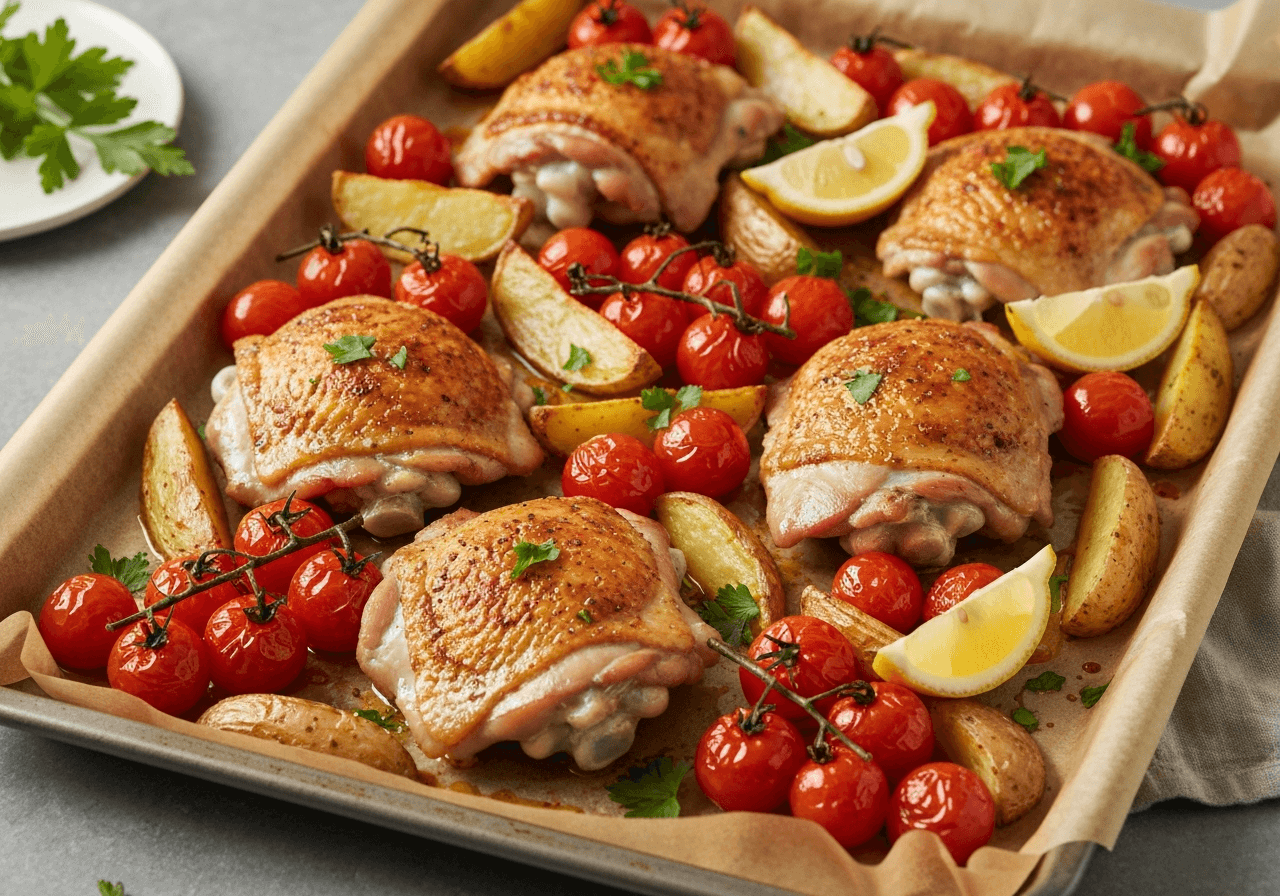 Finished Mediterranean Roasted Chicken and Potatoes with Burst Tomatoes plated for serving