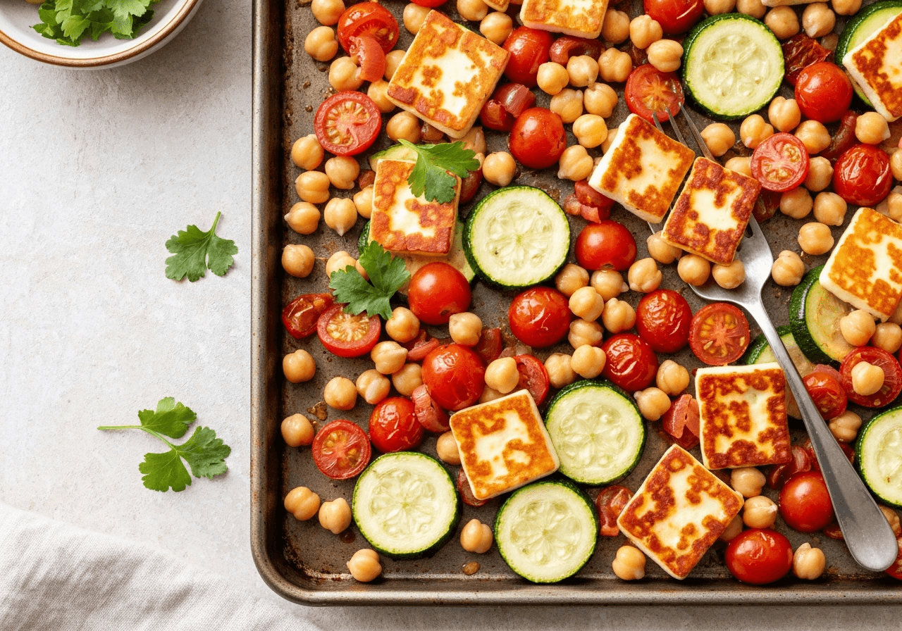 Finished Mediterranean Chickpea and Halloumi Sheet Pan Dinner plated for serving