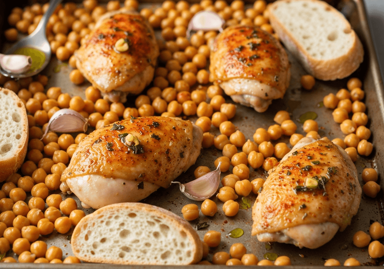 Finished Mediterranean Sheet Pan Chicken with Chickpeas and Sourdough plated for serving