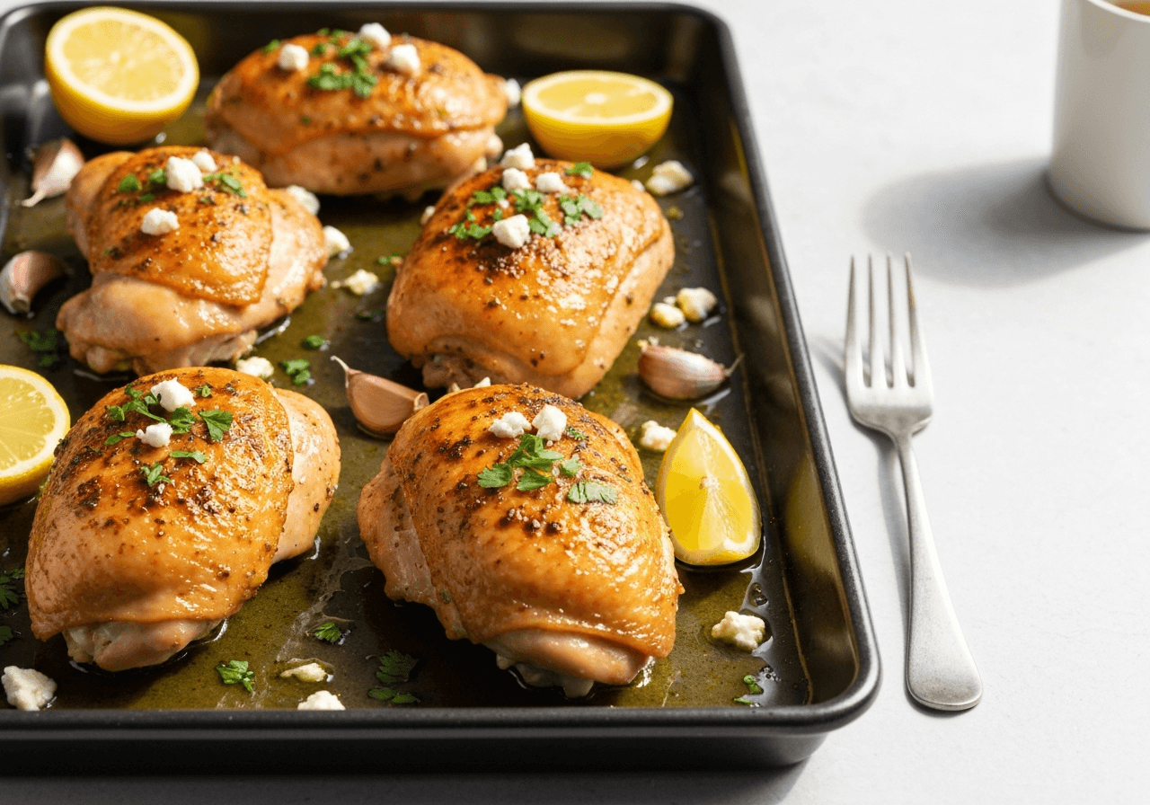 Finished Mediterranean Sheet Pan Chicken with Herbs and Feta plated for serving