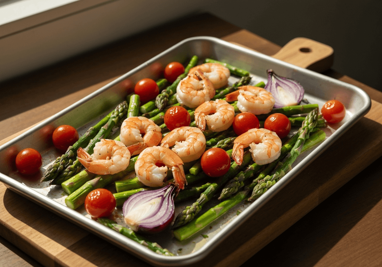 Finished Mediterranean Sheet Pan Shrimp with Asparagus plated for serving