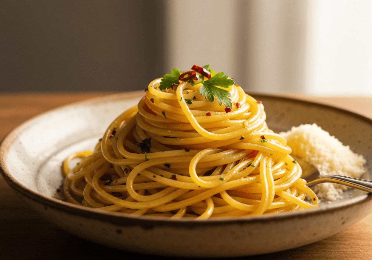 Finished Midnight Pasta with Roasted Garlic and Chile plated for serving