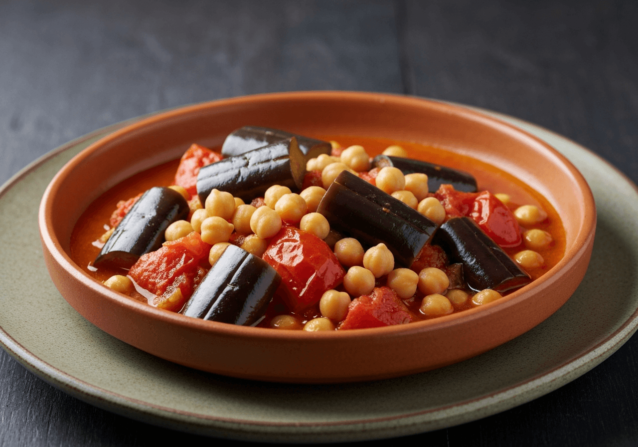 Finished Mnazaleh (Chickpea and Eggplant Stew) plated for serving