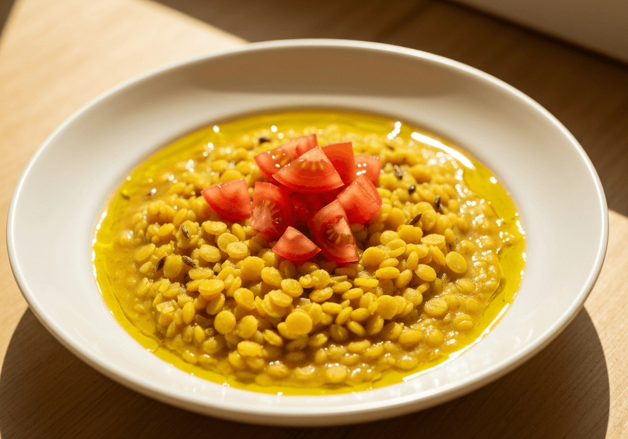 Finished Moong Dal Tadka plated for serving