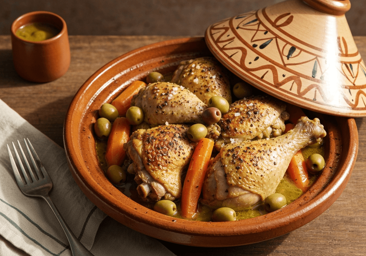 Finished Moroccan Chicken Tagine with Olives and Carrots plated for serving