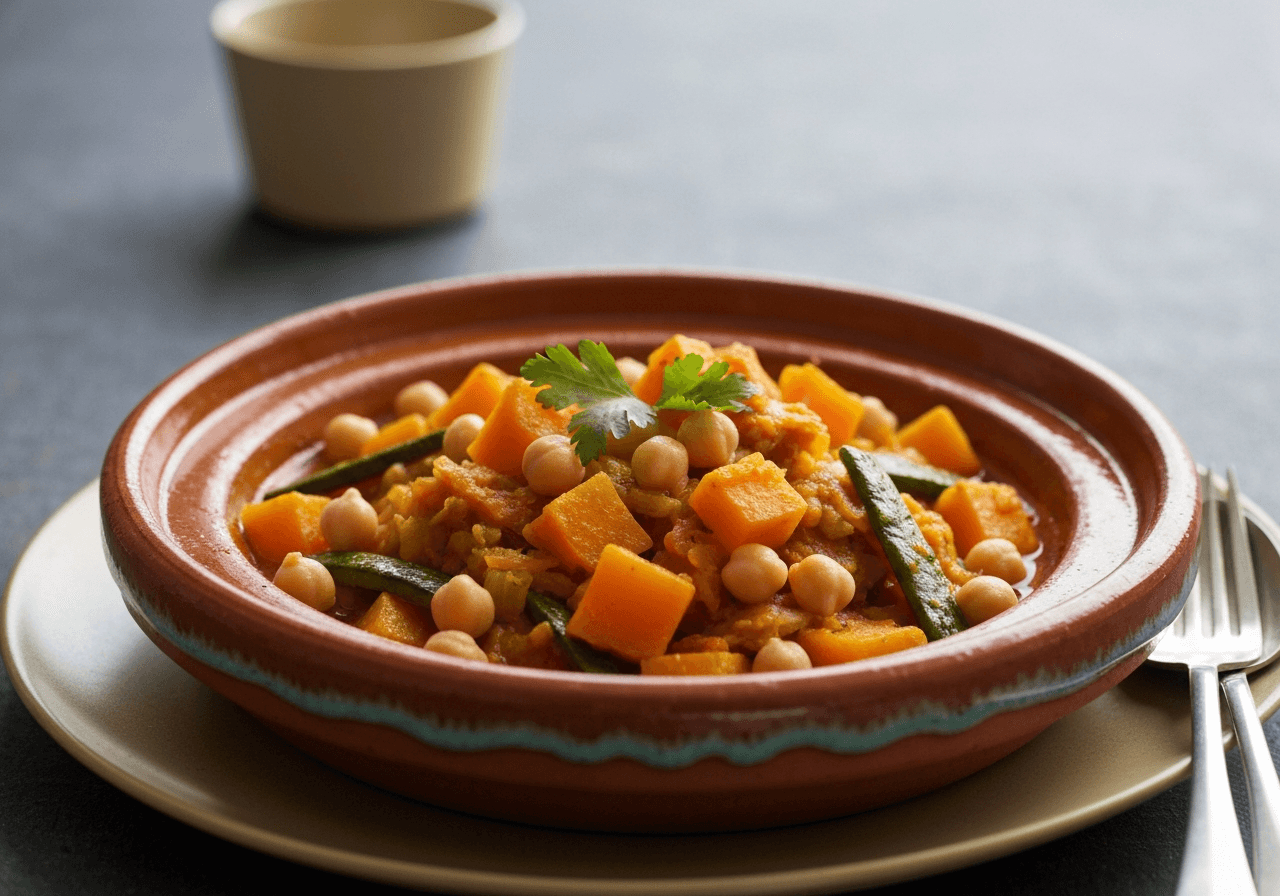 Finished Moroccan Chickpea and Vegetable Tagine plated for serving