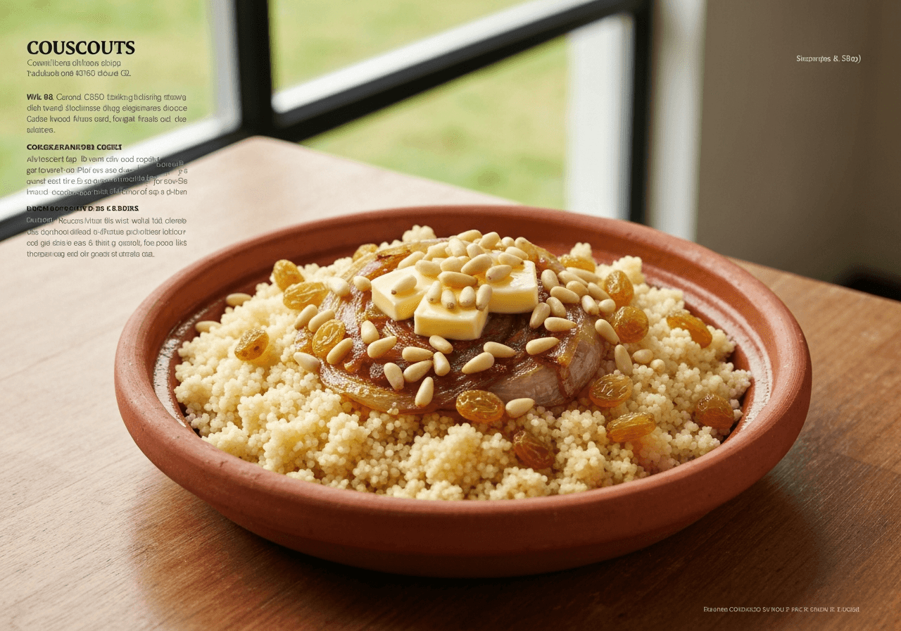 Finished Moroccan Couscous with Pine Nuts and Golden Raisins plated for serving