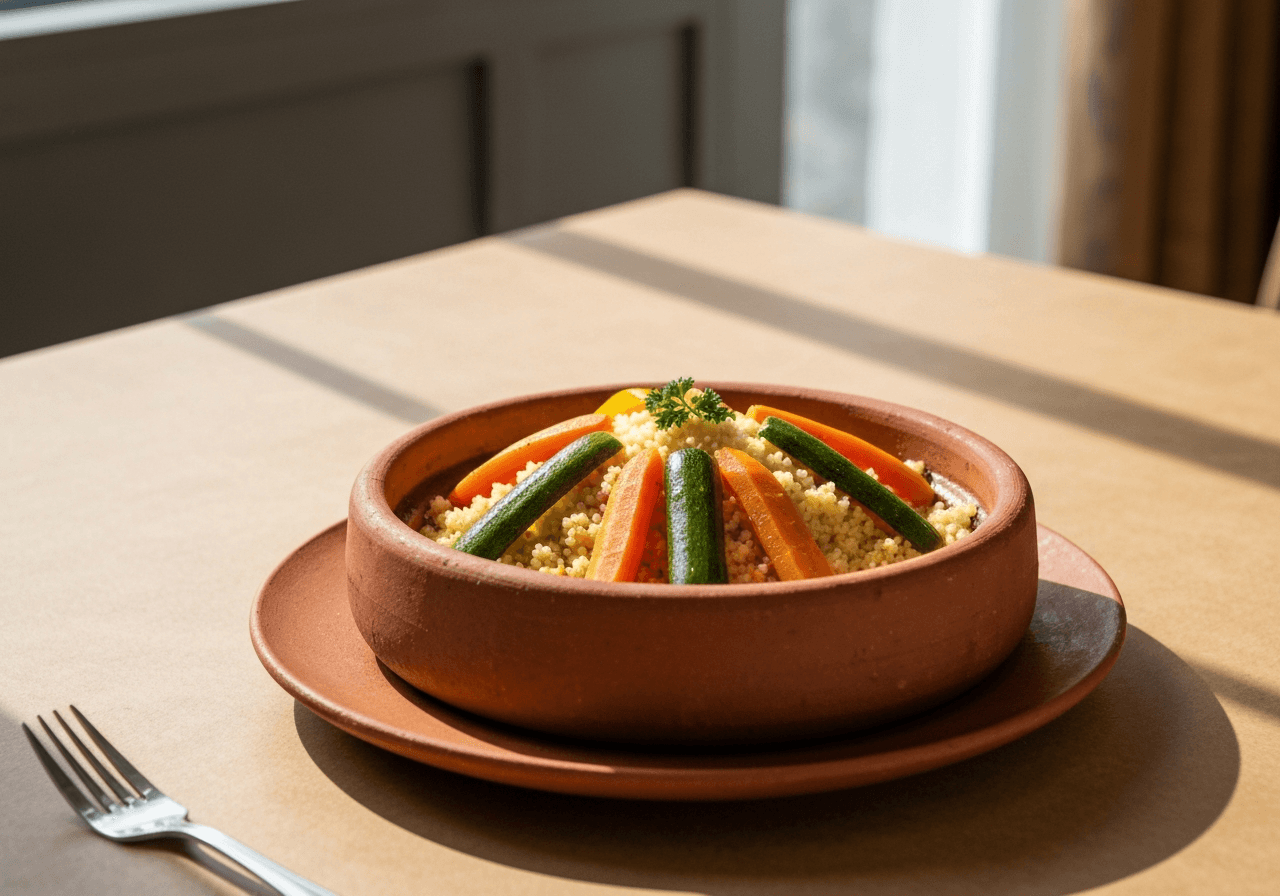 Finished Moroccan Couscous with Seven Vegetables plated for serving