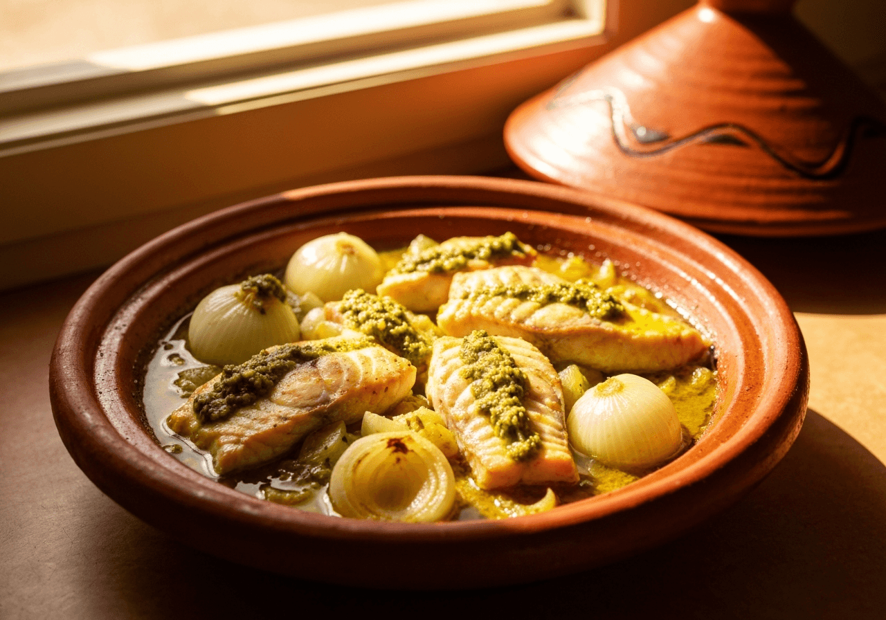 Finished Moroccan Fish Tagine with Chermoula plated for serving