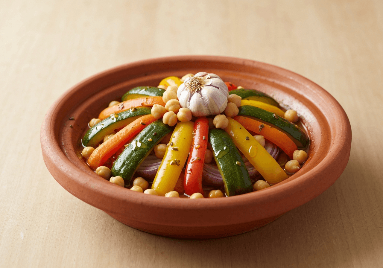 Finished Moroccan Vegetable Tagine with Chickpeas plated for serving