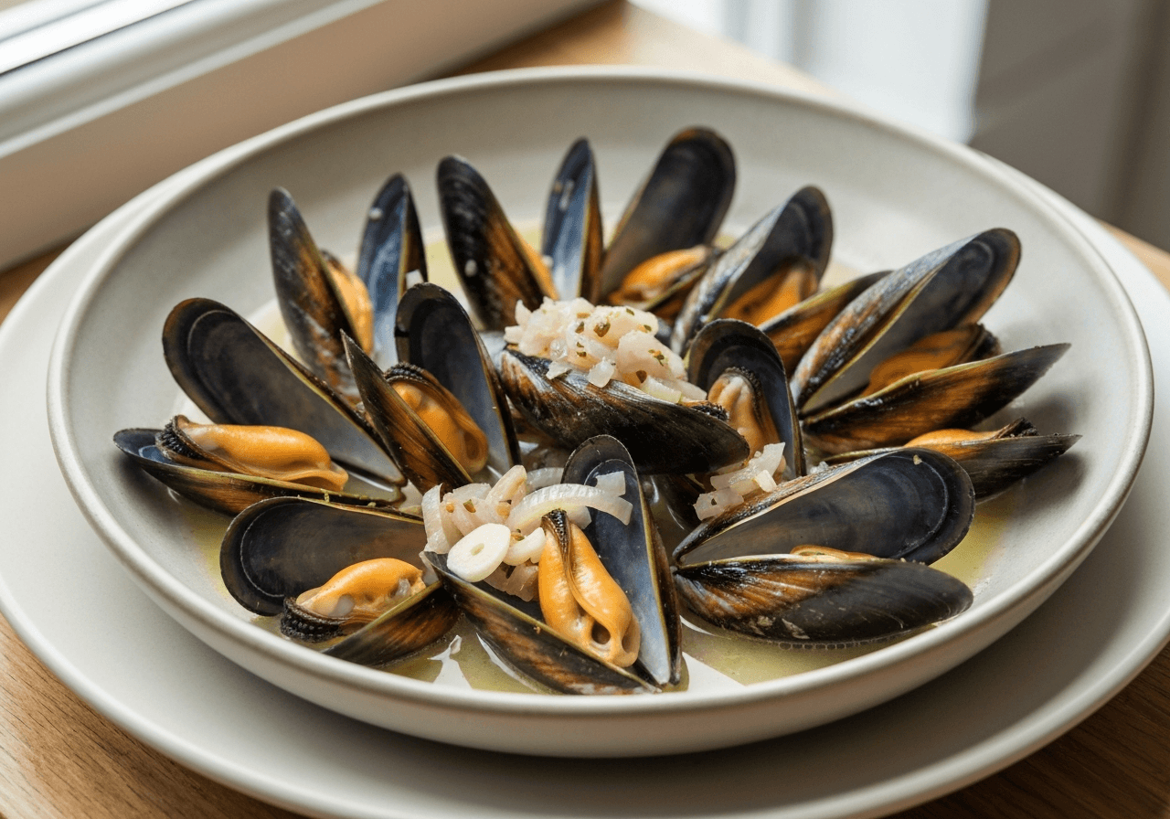 Finished Moules Marinières plated for serving