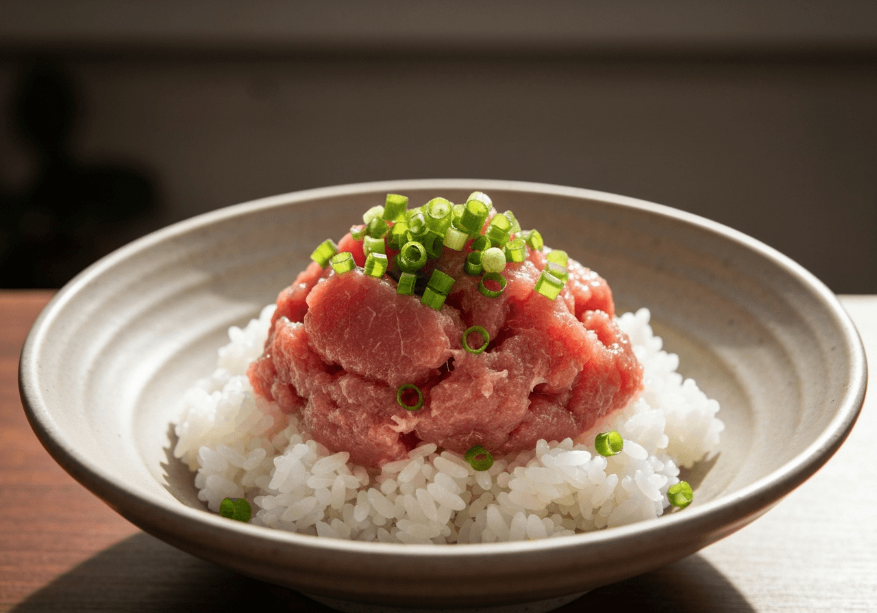 Finished Negitoro Don (Minced Tuna Sashimi Bowl) plated for serving