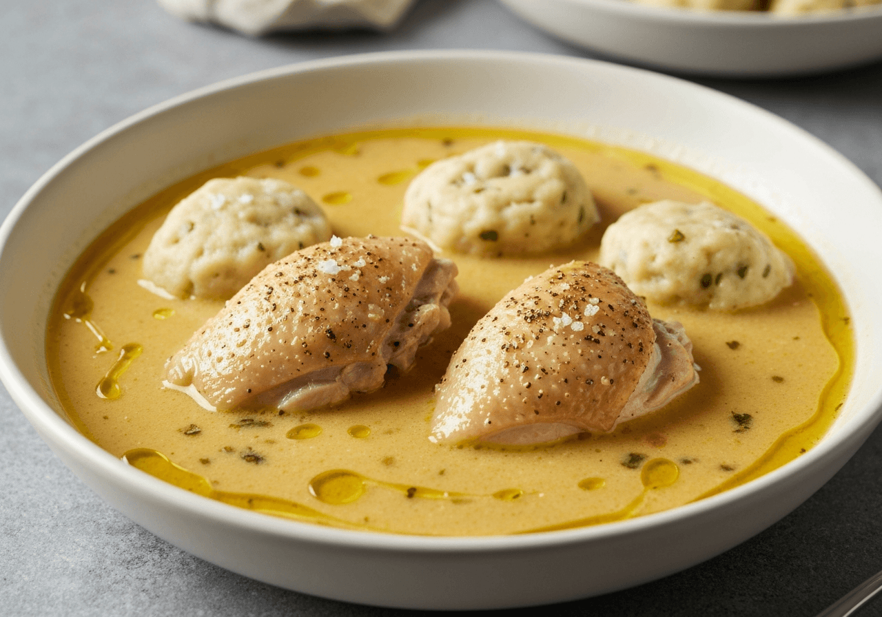 Finished Old-Fashioned Chicken and Dumplings plated for serving