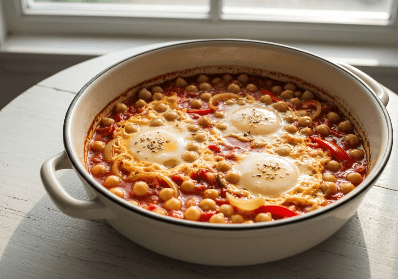 Finished One-Pot Chickpea Shakshuka plated for serving