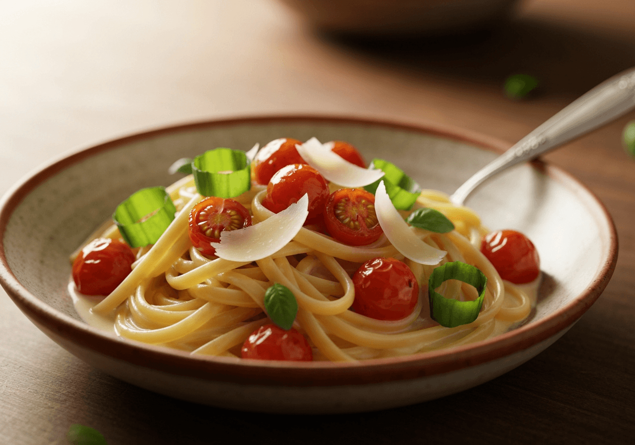 Finished One-Pot Linguine with Cherry Tomatoes and Basil plated for serving