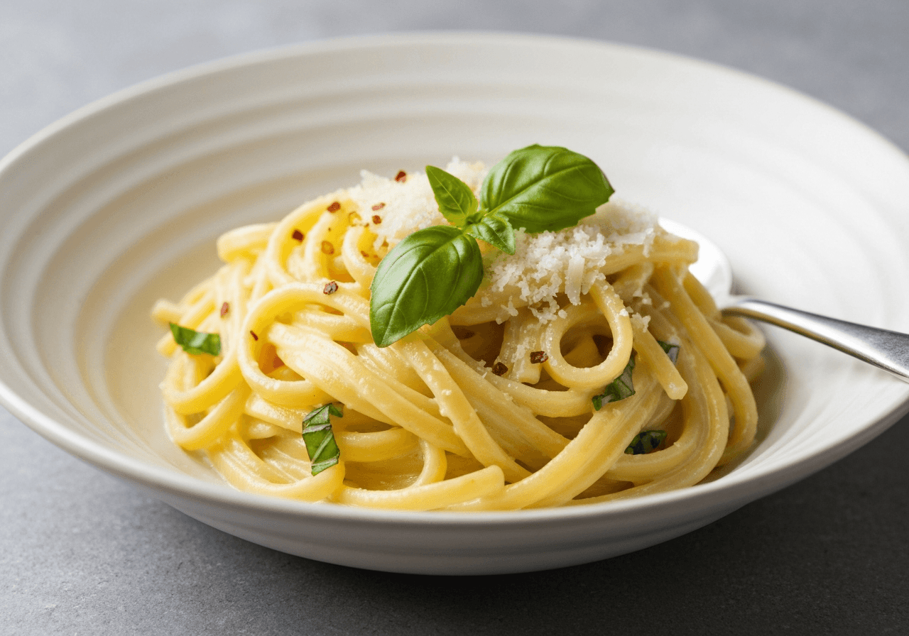 Finished One-Pot Pasta with Ricotta and Lemon plated for serving