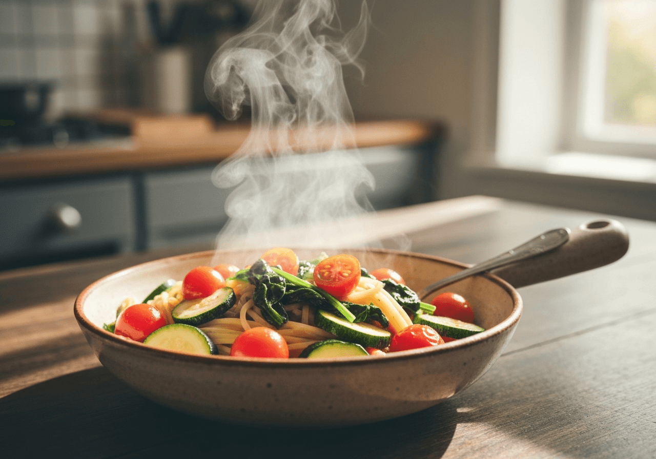 Finished One-Pot Vegetable Pasta plated for serving