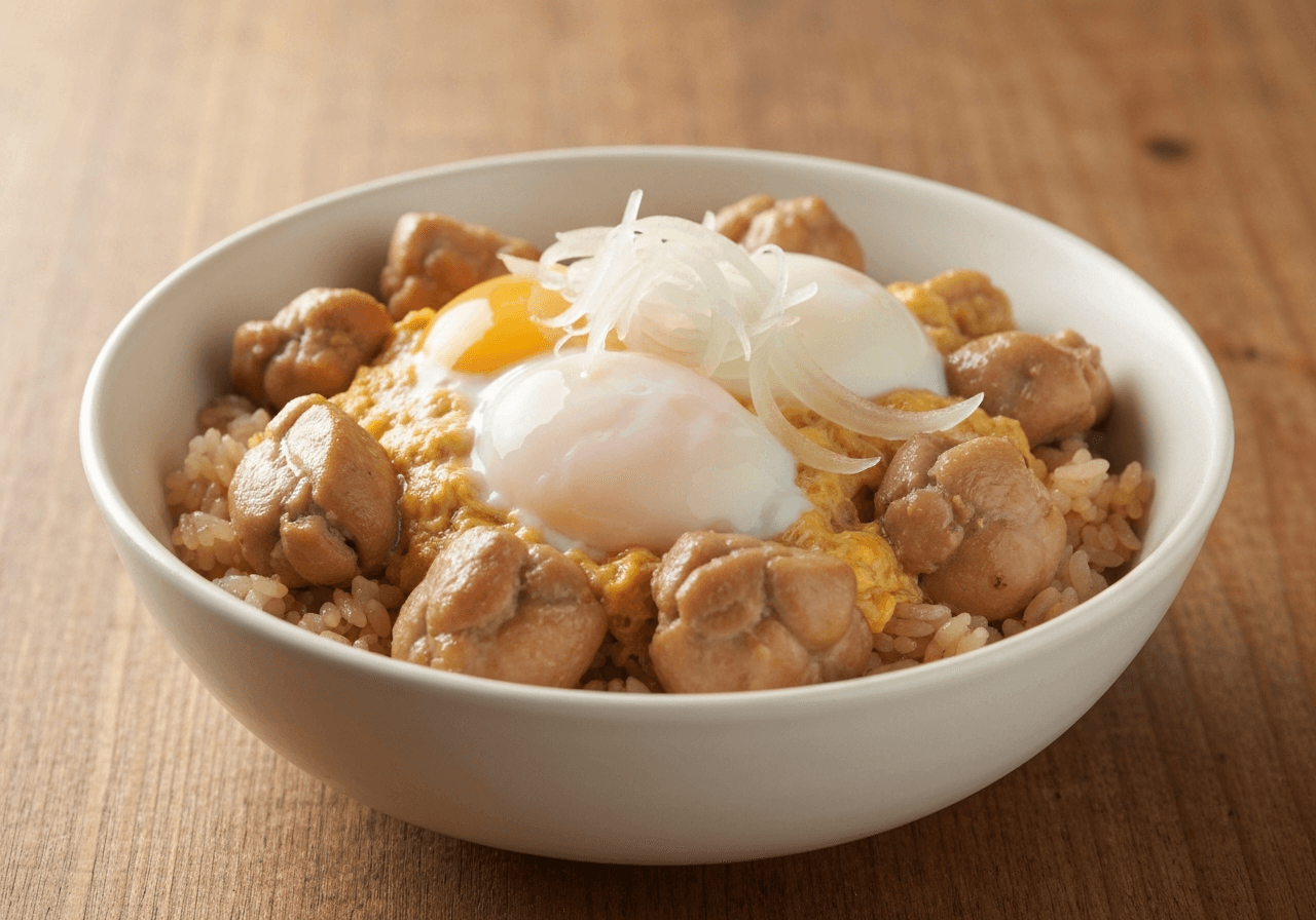 Finished Oyakodon (Chicken and Egg Rice Bowl) plated for serving