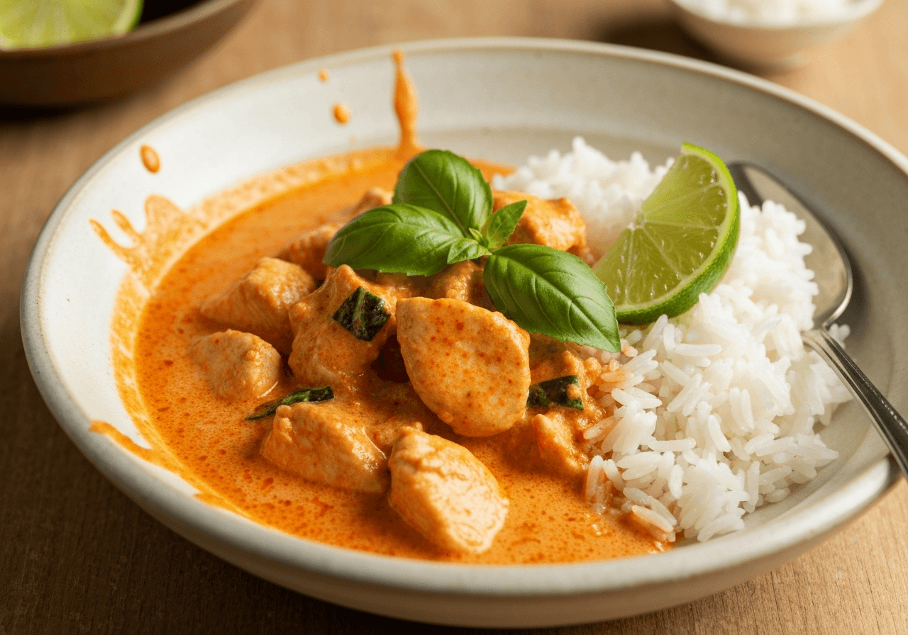 Finished Panang Curry with Chicken plated for serving