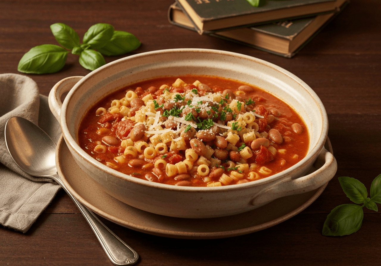 Finished Pasta e Fagioli plated for serving