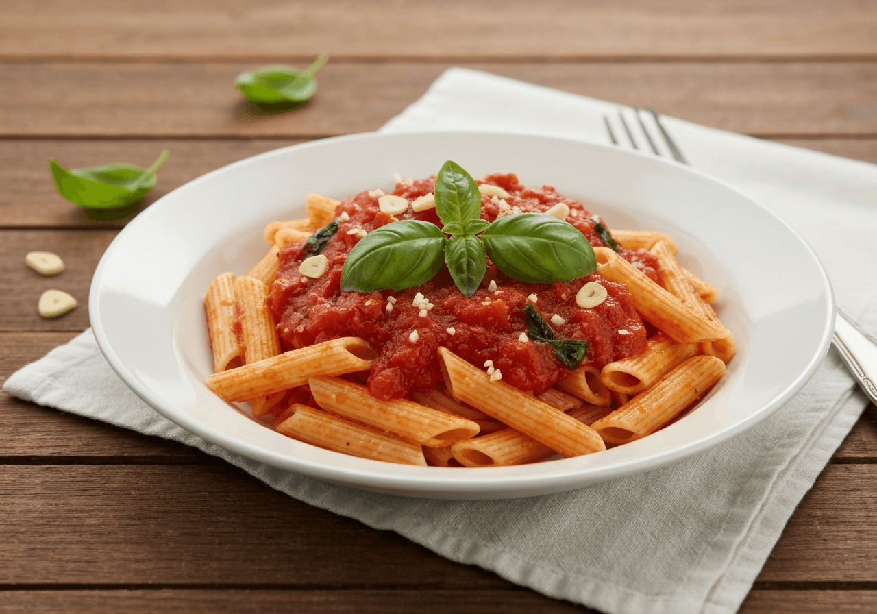 Finished Pasta Pomodoro plated for serving