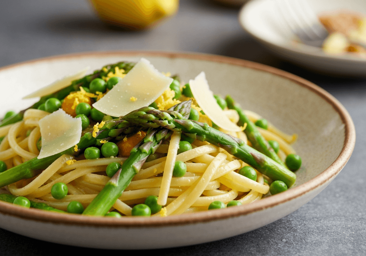 Finished Pasta Primavera plated for serving