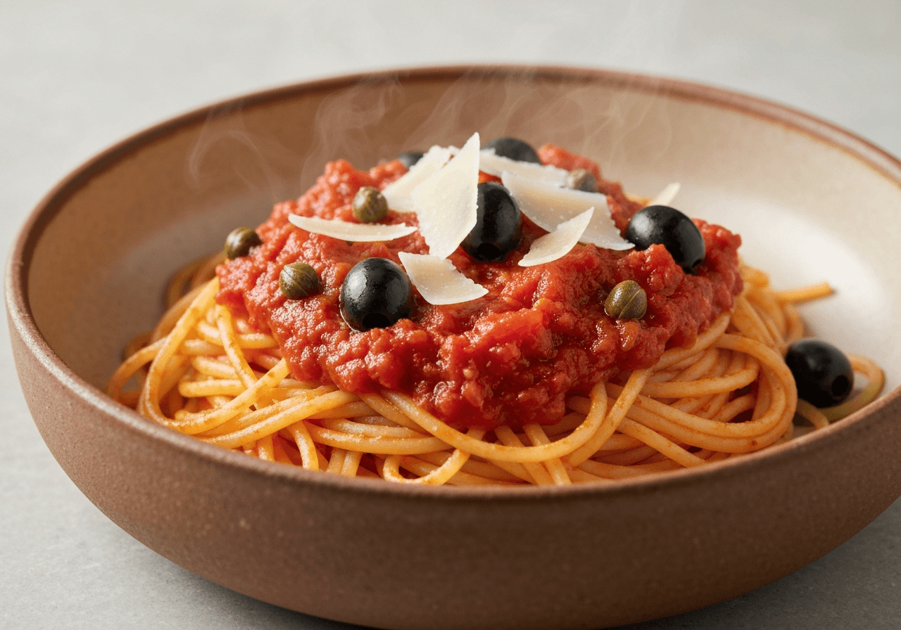 Finished Pasta Puttanesca plated for serving