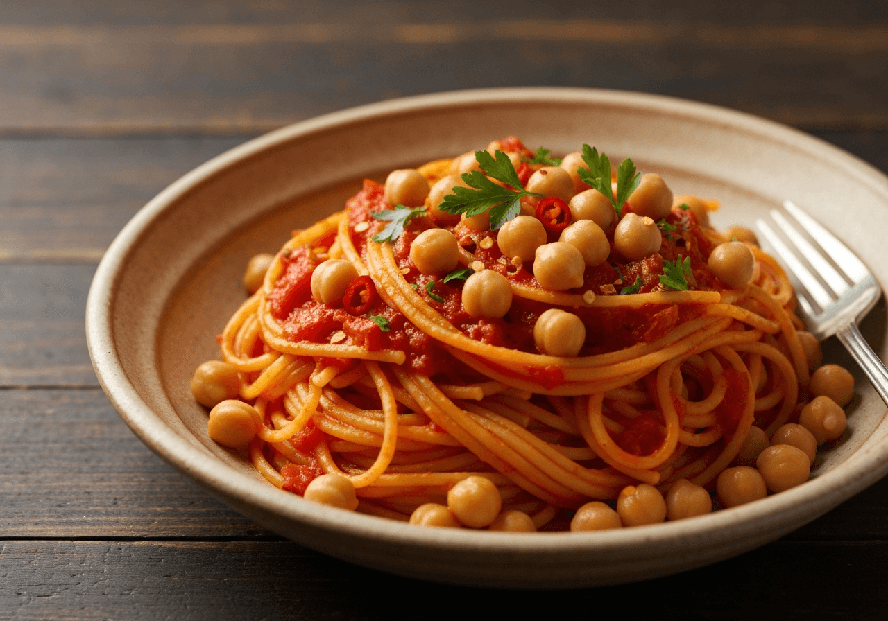 Finished Pasta with Chickpeas plated for serving