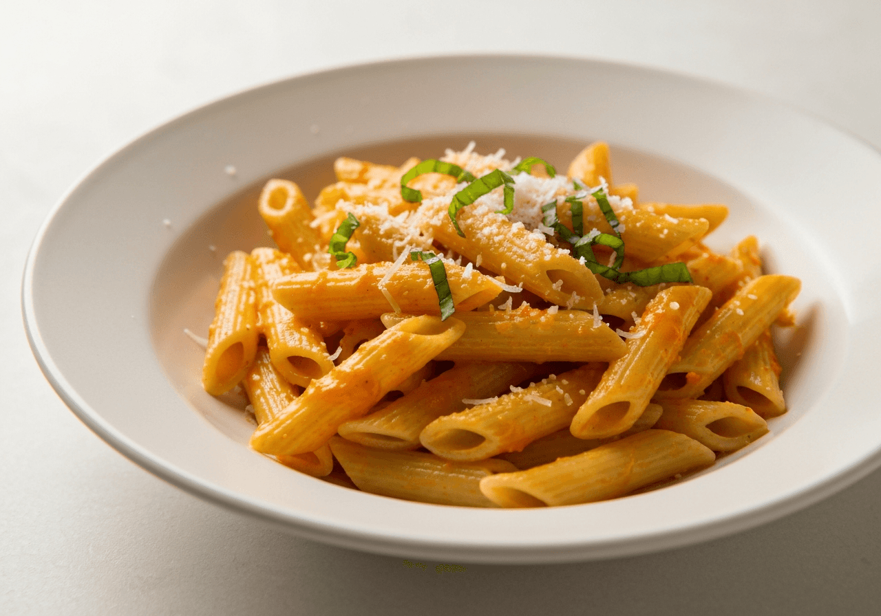 Finished Penne alla Vodka plated for serving