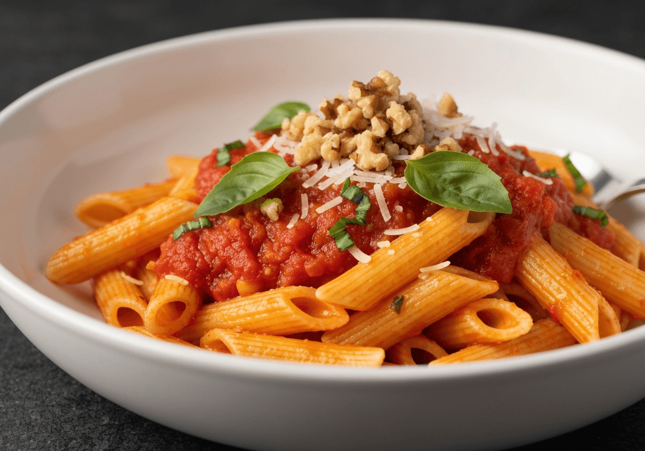 Finished Penne with Tomato, Garlic, and Toasted Walnut Gremolata plated for serving
