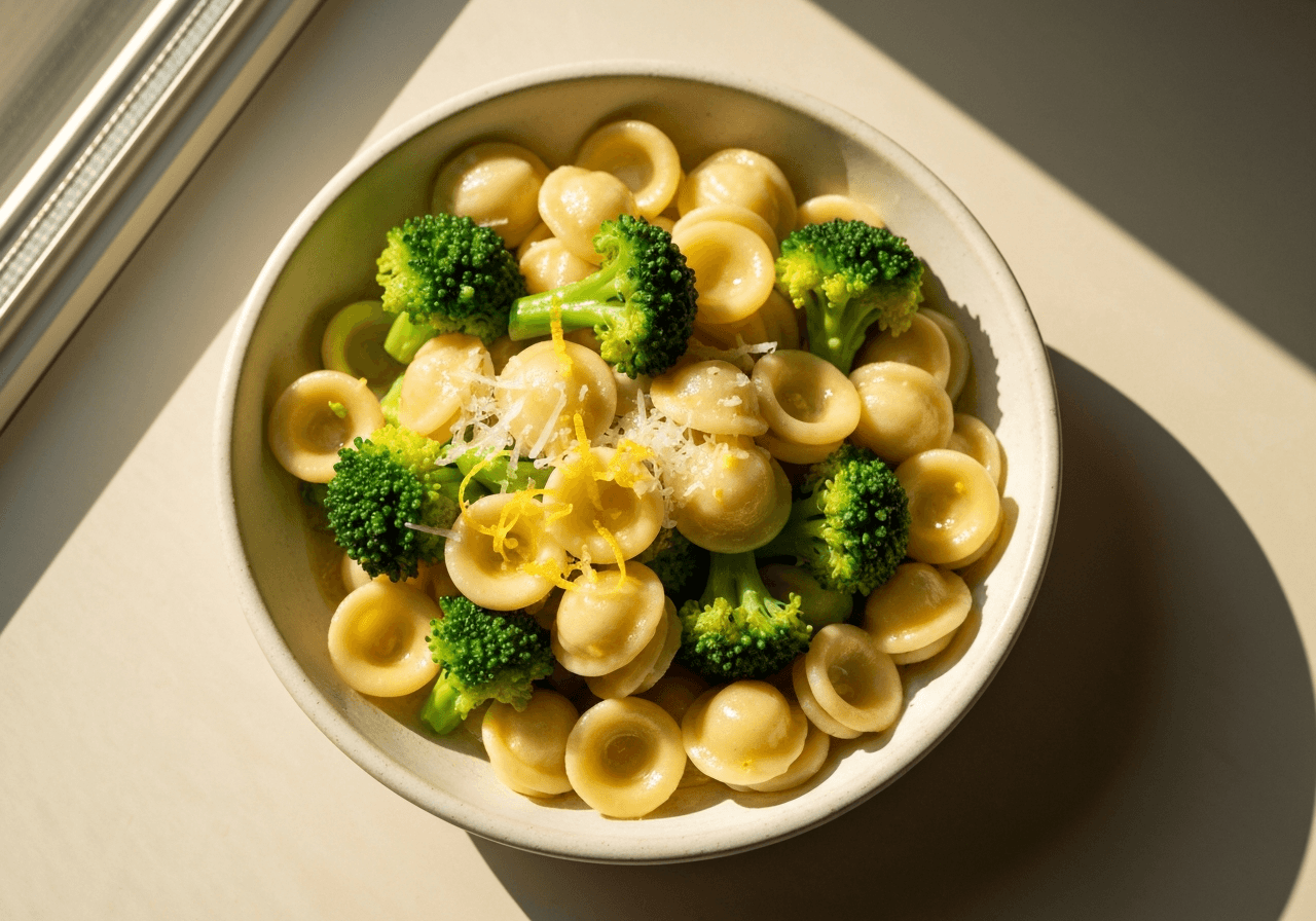 Finished Quick Broccoli and Lemon Pasta plated for serving