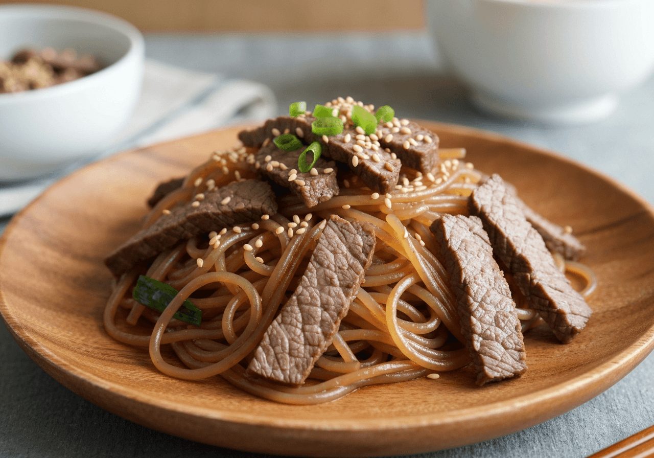 Finished Quick Japchae (Korean Noodle Stir-Fry) plated for serving